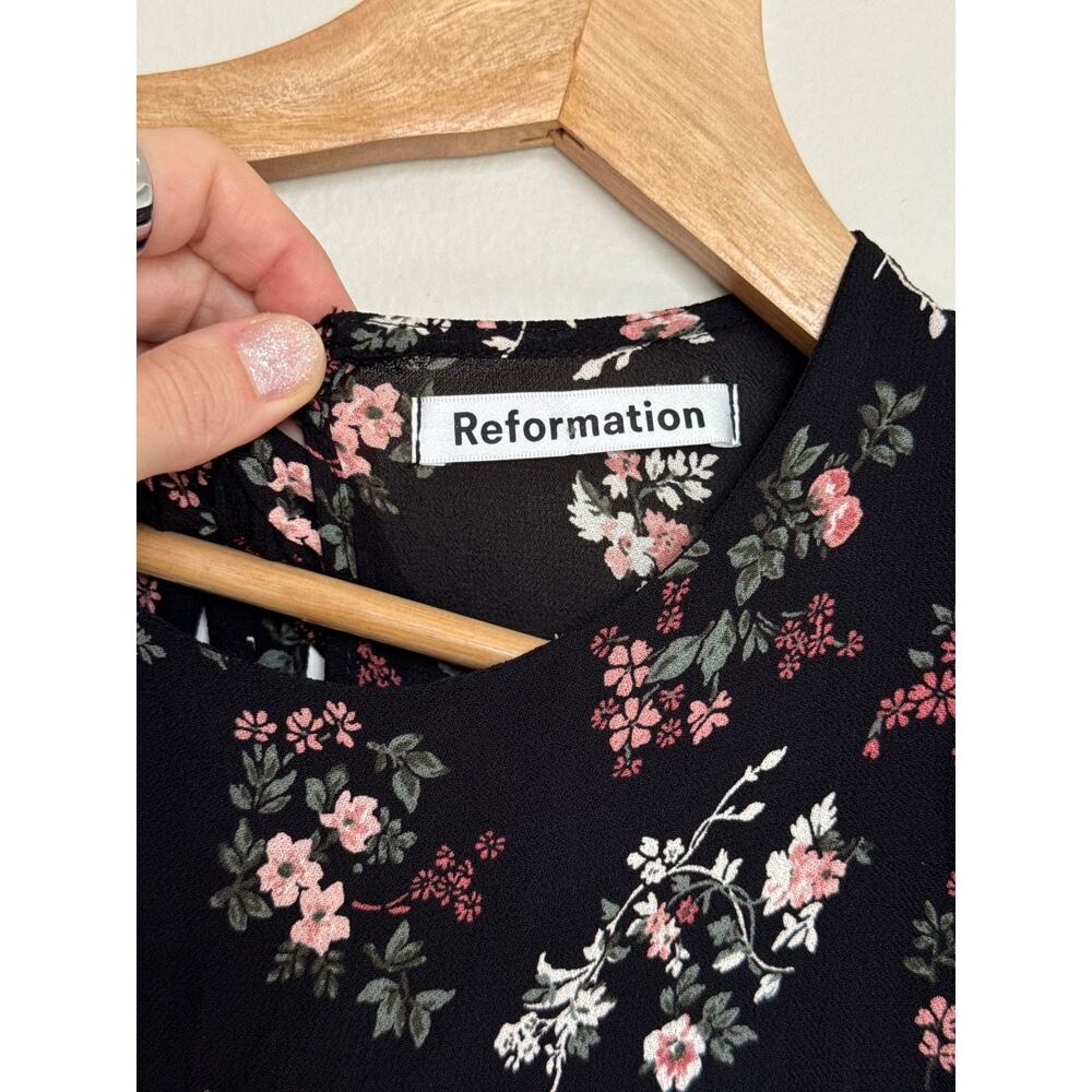 Reformation Black Floral Mini Dress Size 0(?) Puff Sleeve Romantic Boho Cottage - Picture 2 of 8